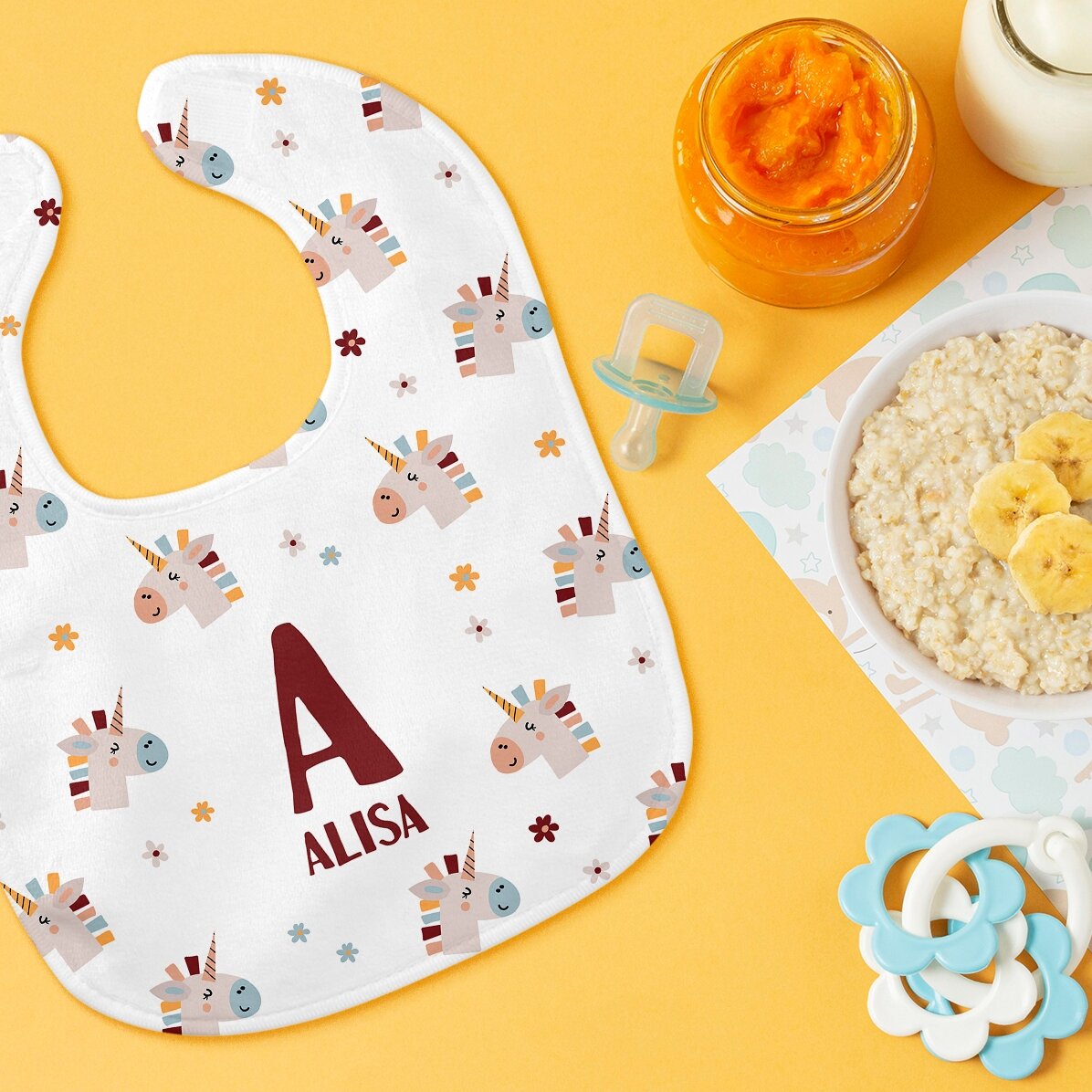Babero para bebé personalizado con nombre - Unicornios