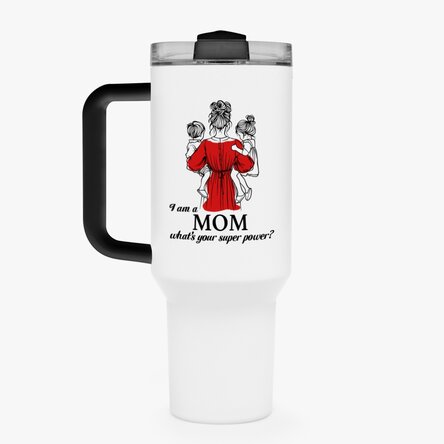 Thermos mug with handle and straw, personalised with message - Mom