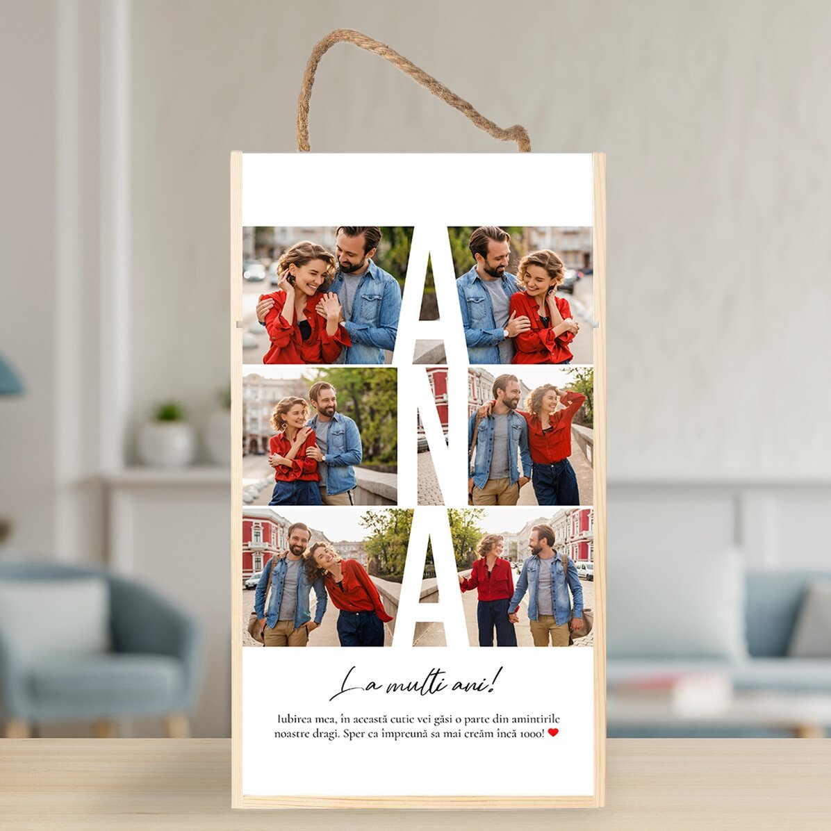 Caja de regalo de madera personalizada con 6 fotos y un mensaje - Recuerdos entrañables