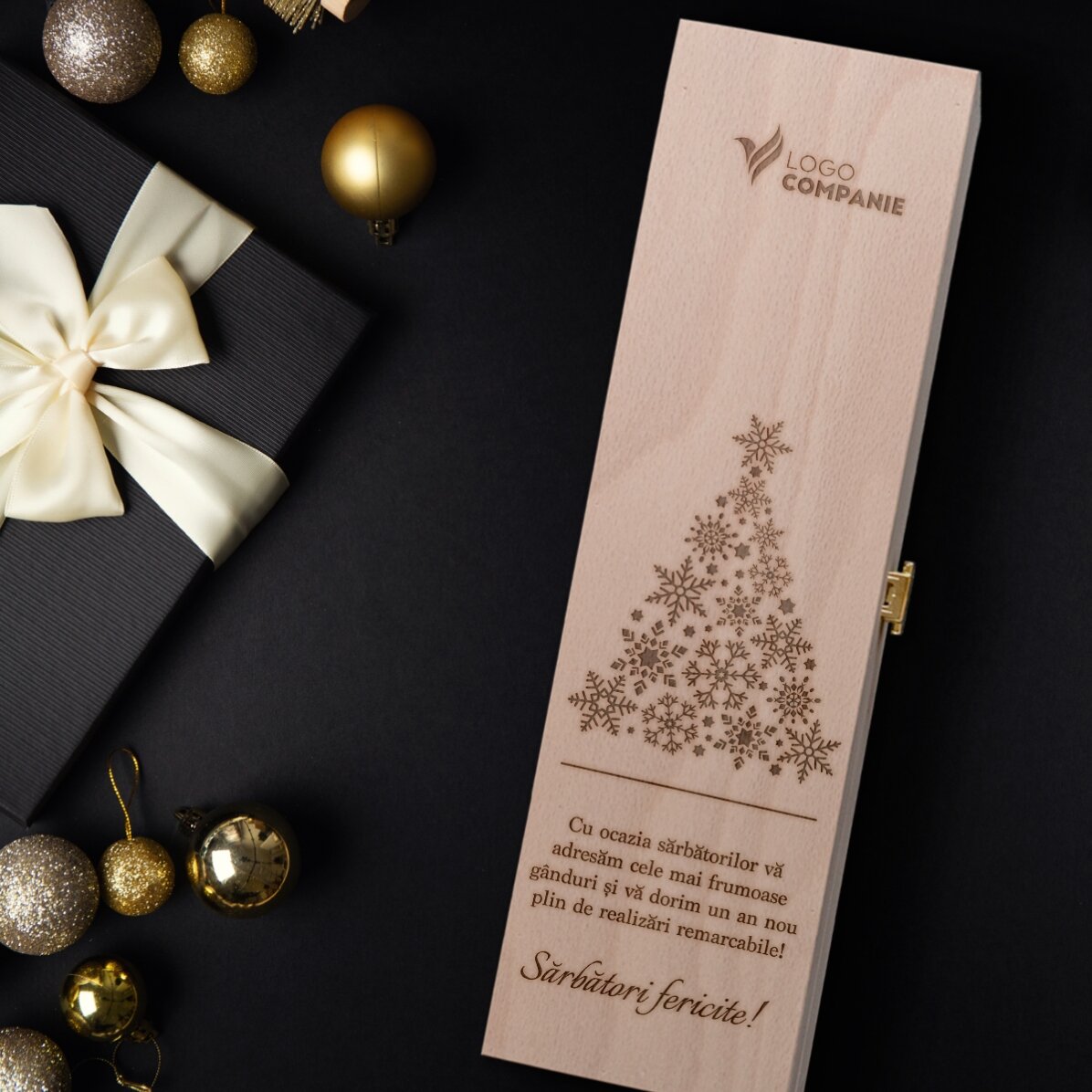 Caja de vino personalizada con logotipo y mensaje: ¡Feliz Navidad!