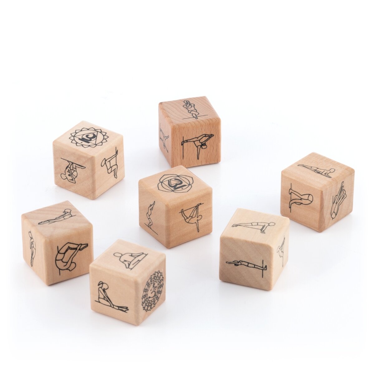 Yoga game with 7 wooden dice