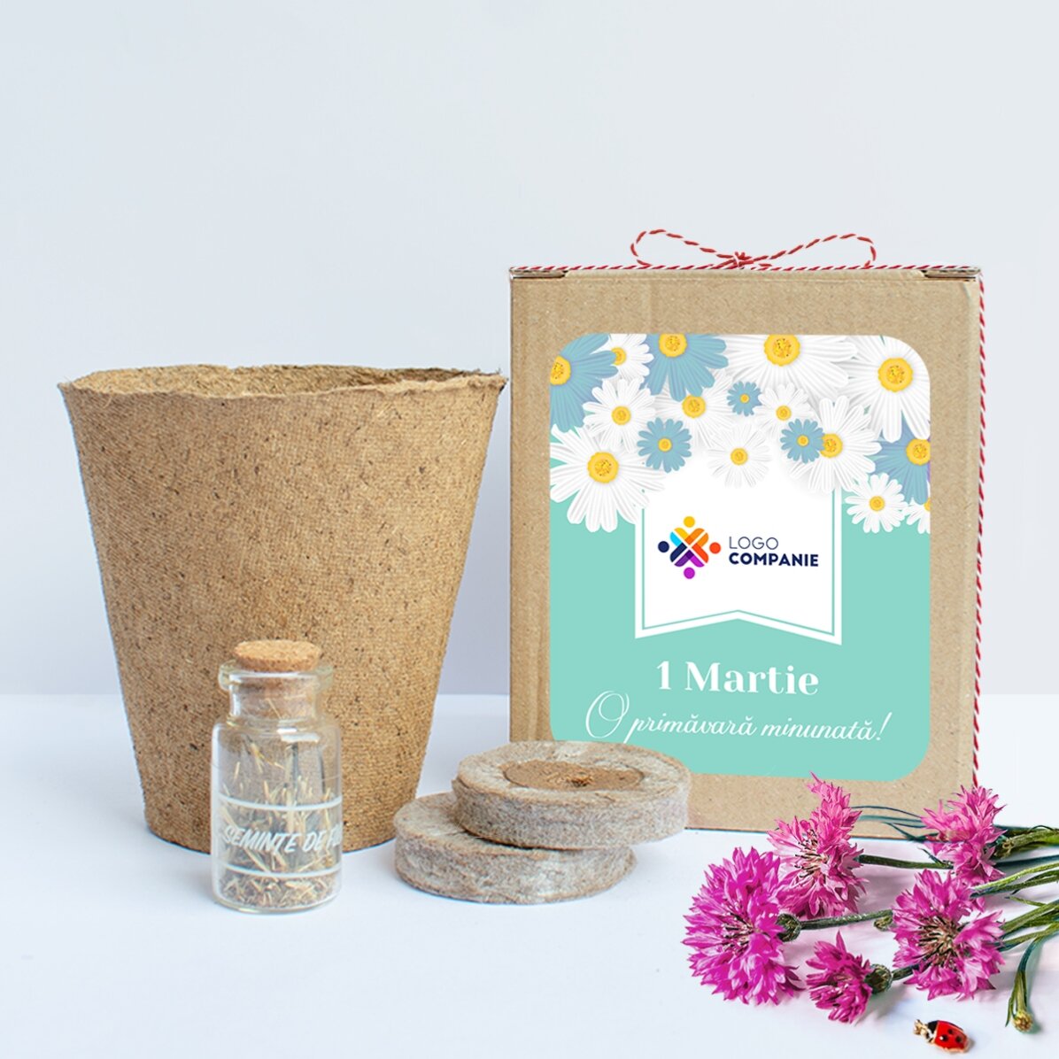Kit para plantar flores de primavera en una cajita personalizada con logotipo y mensaje - Floral