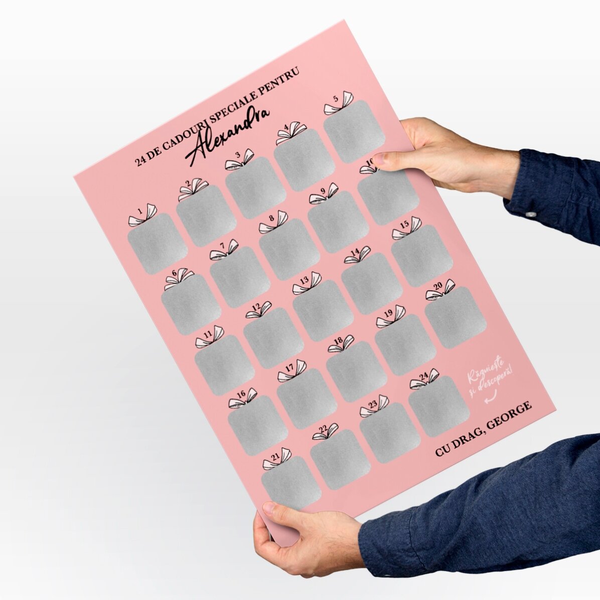 Póster de Adviento personalizable para rascar, con fotos, mensaje y código QR