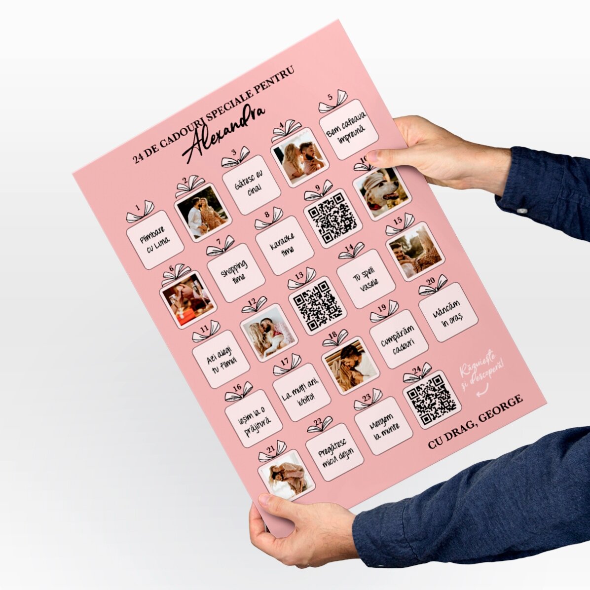 Póster de Adviento personalizable para rascar, con fotos, mensaje y código QR