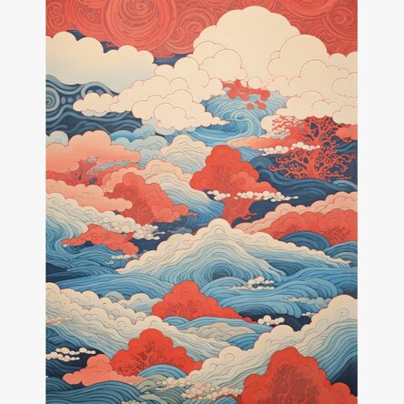 Póster de olas y nubes al estilo japonés