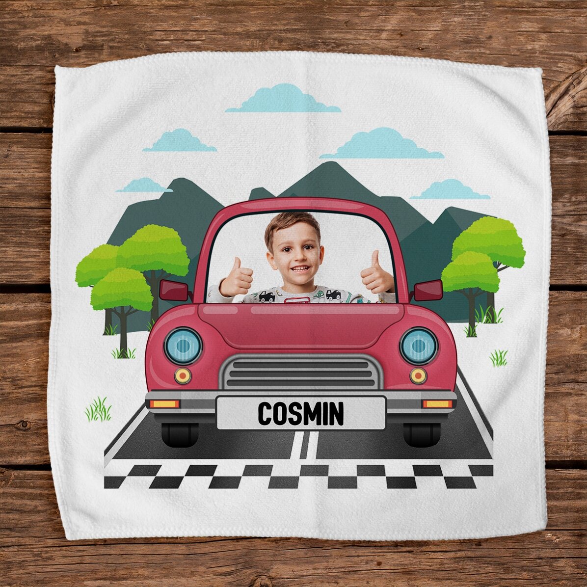 Toalla personalizada con una foto y un texto para niños - Coche