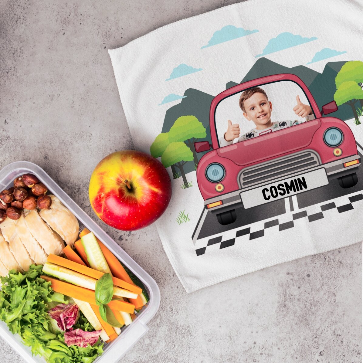 Toalla personalizada con una foto y un texto para niños - Coche