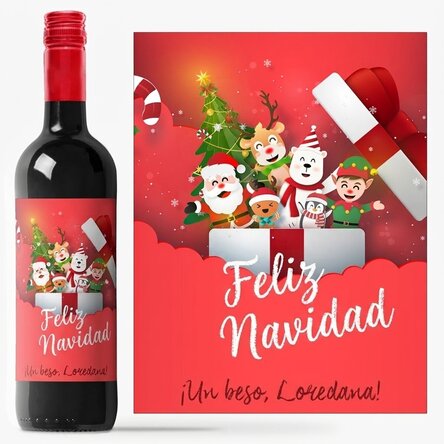 Vino personalizado con texto: «Santa & his friends»
