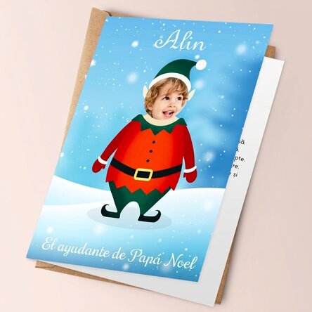 Tarjeta de felicitación personalizada con foto y texto - La ayuda de Papá Noel