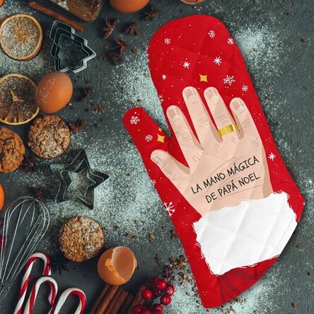 Manopla de cocina personalizada con texto: «La mano mágica de Papá Noel»