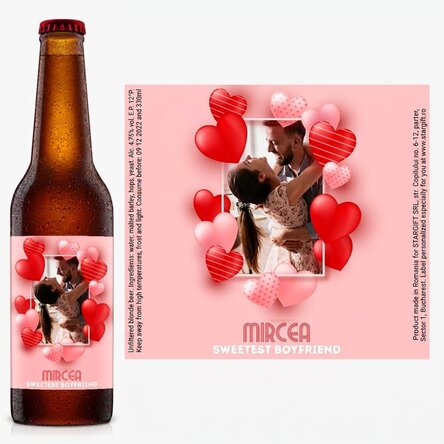 Cerveza personalizada con un texto y una foto: «El novio más dulce»