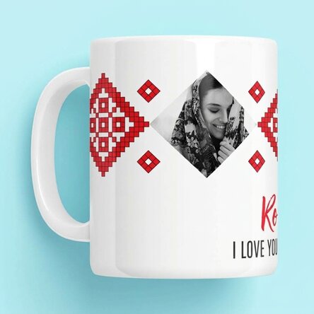 Taza personalizada con 2 fotos y texto: «¡Te quiero con pasión!»