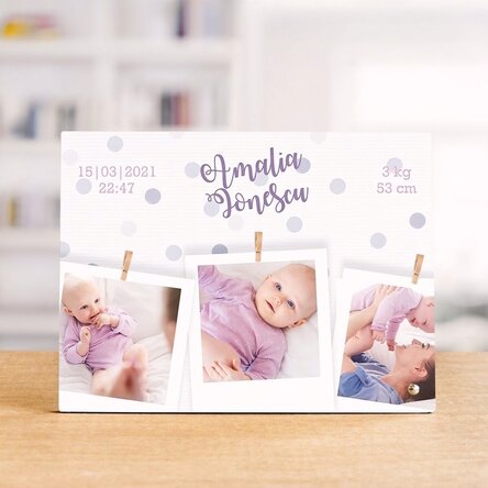 Marco de fotos de escritorio personalizado con 3 fotos y texto: «¡Bienvenido, bebé!»