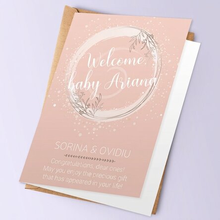 Tarjeta de felicitación personalizada con texto: «¡Bienvenido, bebé!»