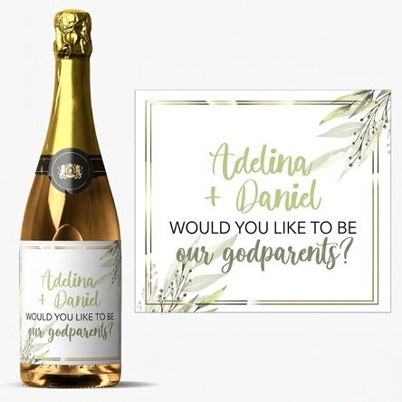 Vino espumoso personalizado con texto: «¿Queréis ser nuestros padrinos?»