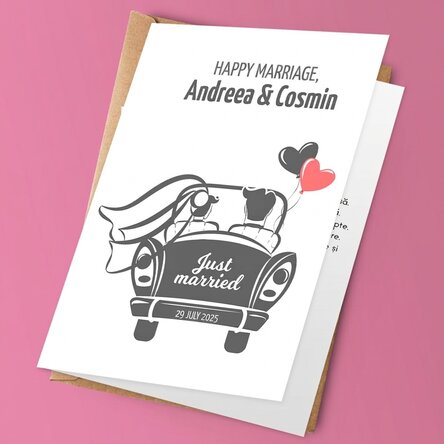 Tarjeta de felicitación personalizada con texto: «Just married»