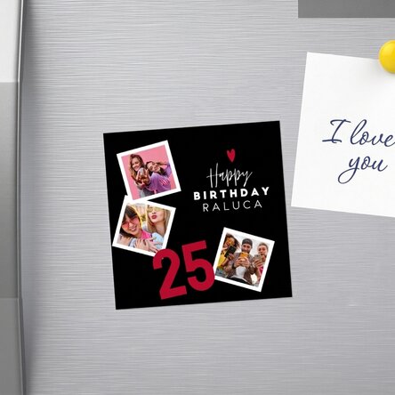 Imán personalizado de 10x10 con 3 fotos y texto: ¡Feliz cumpleaños!