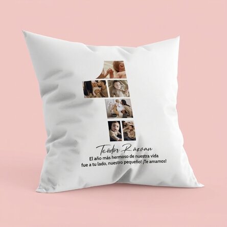 Cojín personalizado con fotos y texto - 1.º cumpleaños
