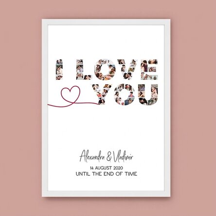 Cuadro personalizado con 39 fotos y un texto: «Te quiero»