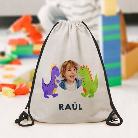 Mochila personalizada con una foto y un texto - Happy dinosaurs