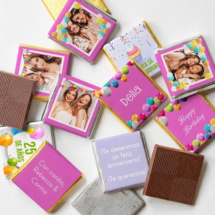Lote de 10 minichocolates personalizados con fotos y texto: «Feliz cumpleaños»
