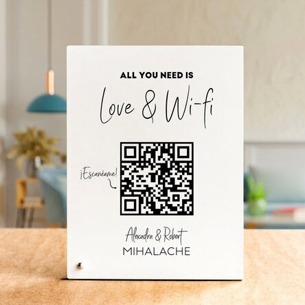 Marco de fotos de escritorio personalizado con texto y código QR - «Scan for Wifi» (fondo blanco)