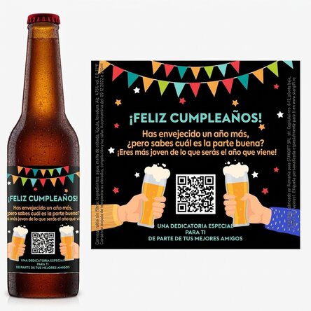 Cerveza personalizada con código QR y texto: «Feliz cumpleaños»