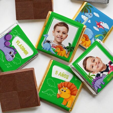 Lote de 5 minichocolates personalizados con fotos y texto - Dinosaurios