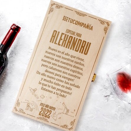 Caja de vino personalizada para dos botellas de vino con logotipo y mensaje: «¡Feliz cumpleaños!»