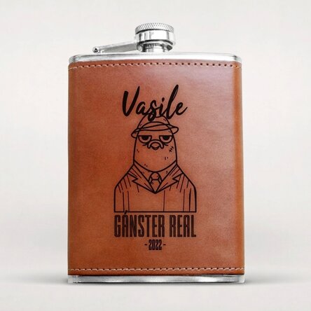 Botella de bolsillo forrada en piel y personalizada con nombre - Gangster