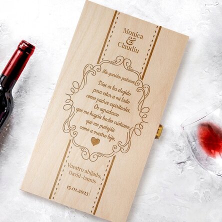Caja de vino personalizada para dos botellas - Agradecimiento a los padrinos de bautizo