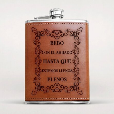 Botella de bolsillo forrada en piel y personalizada con un mensaje - Elegante