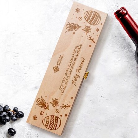 Caja de vino personalizada con texto y logotipo - Feliz Pascua