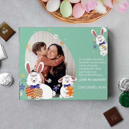 Caja de bombones personalizada con una foto y un mensaje - Conejito