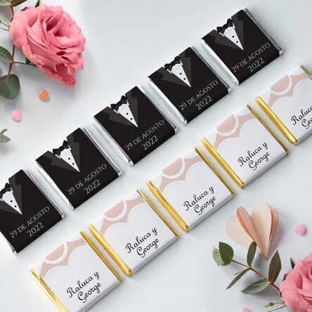Lote de 10 minichocolates personalizados con texto: «Mr and Mrs»