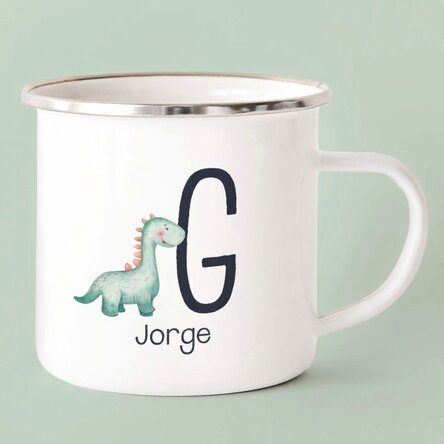Taza metálica esmaltada con nombre e inicial para niños - Dinosaurio
