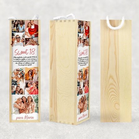 Caja de vino personalizada con texto y 9 fotos para un cumpleaños - Sweet 18