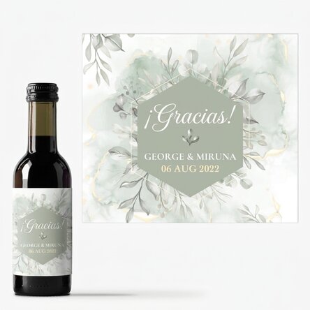 Mini botella de vino de recuerdo personalizada con el texto: «¡Gracias!»