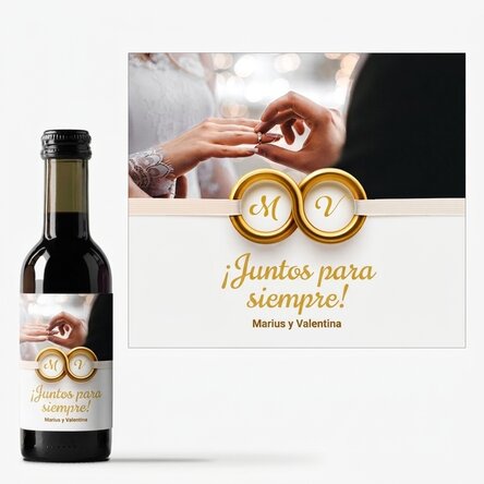 Mini botella de vino personalizada con una foto y un texto: «Juntos para siempre»