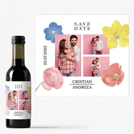Mini botella de vino personalizada con 3 fotos y texto - «Save the date»