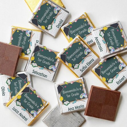 Lote de 10 minichocolates personalizados con un mensaje para el inicio del curso escolar