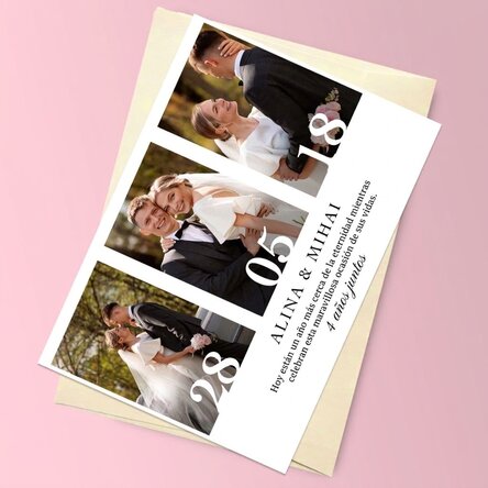 Tarjeta magnética personalizada con 3 fotos y texto para un aniversario de boda