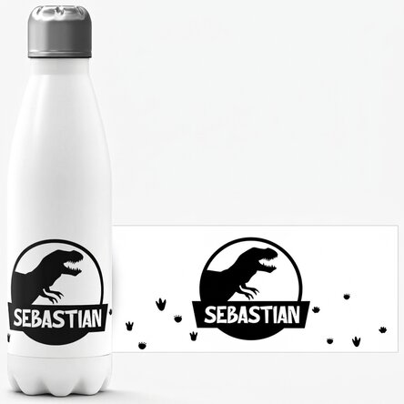 Termo con base blanca personalizado con nombre - Dinosaurio T-Rex negro
