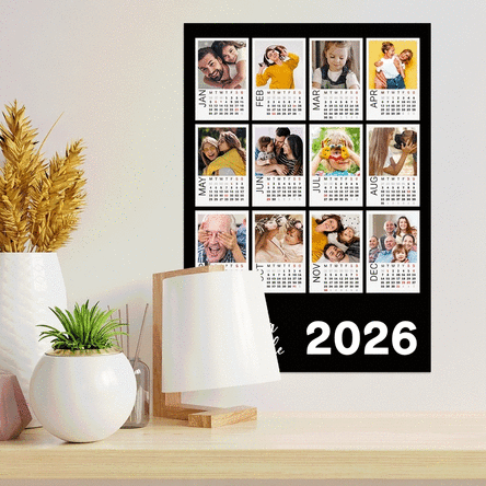 Póster calendario personalizado con 12 fotos Polaroid y fondo de colores