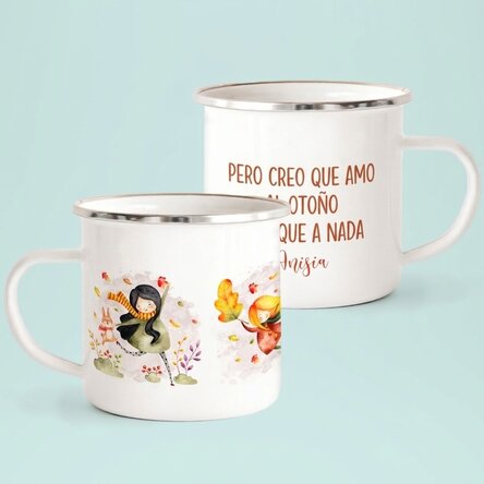 Taza metálica esmaltada con mensaje: «I love fall most of all»