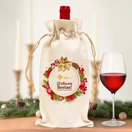 Bolsa personalizada para botella de vino con logotipo y texto: «Felices fiestas»
