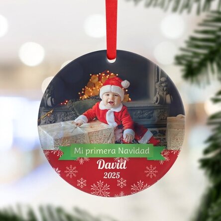 Adorno redondo personalizado con foto y texto: «Mi primera Navidad»