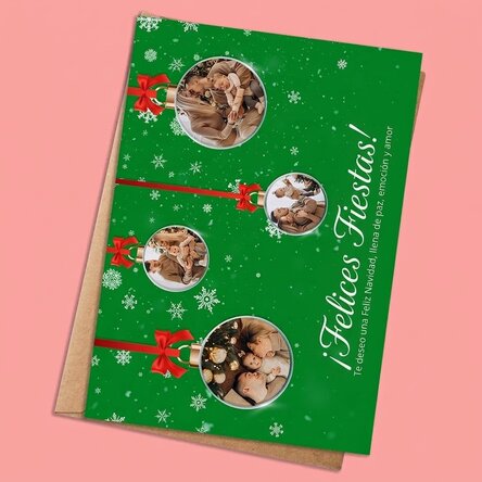Tarjeta de Navidad personalizada con 4 fotos y texto - Modelo «Globulete»