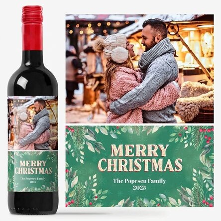 Vino personalizado con una foto y un mensaje: «Feliz Navidad»