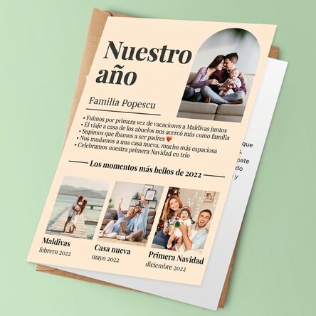 Tarjeta de felicitación personalizada con 4 fotos de familia y texto: «Nuestro año en imágenes»